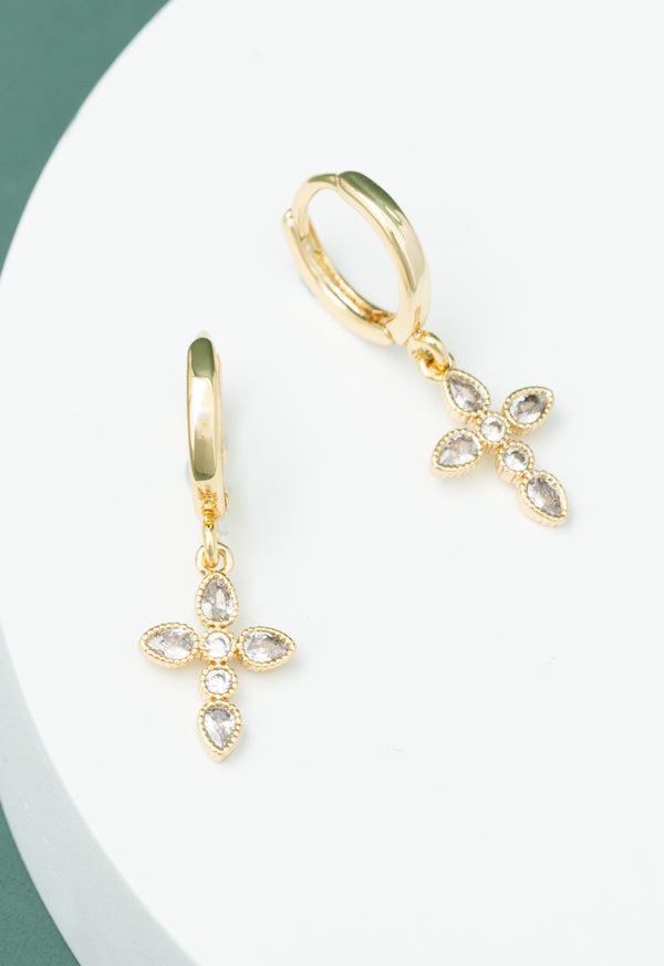 Shimmering Cross Huggie Earrings in Gold