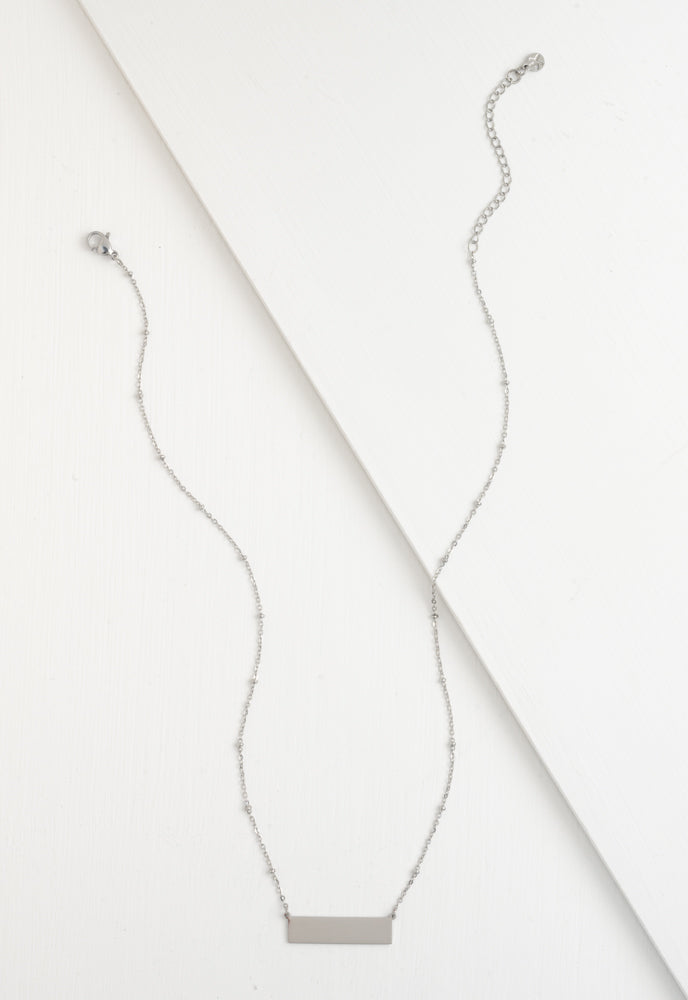 Engravable silver bar necklace satellite chain with lobster clasp and extender