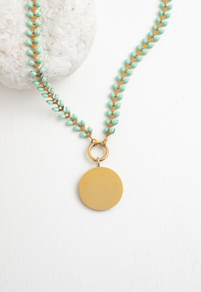 Engravable Round Pendant on Seeds of Hope Chain in Mint