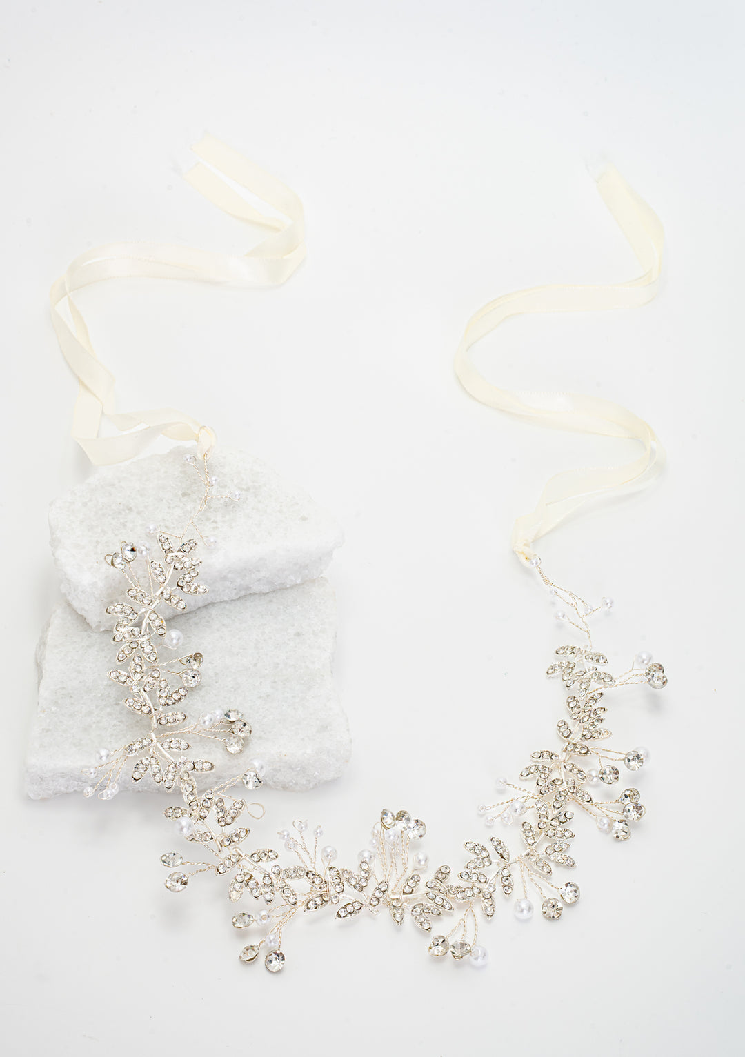 Ethereal Vine Silver Crystal and Pearl Silk Ribbon Headband