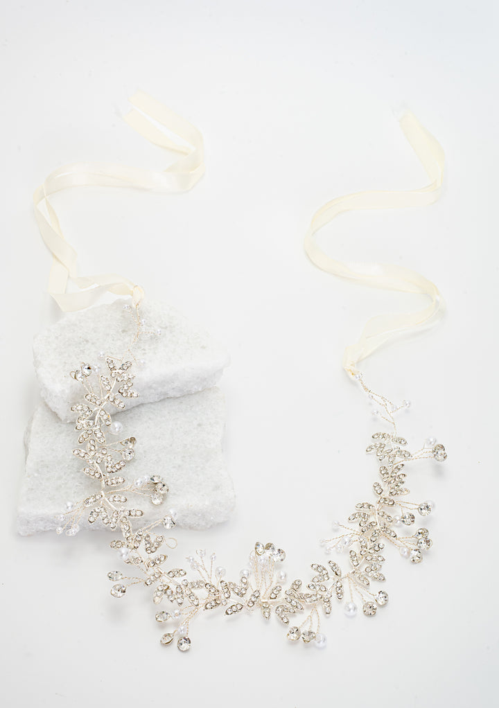 Ethereal Vine Silver Crystal and Pearl Silk Ribbon Headband