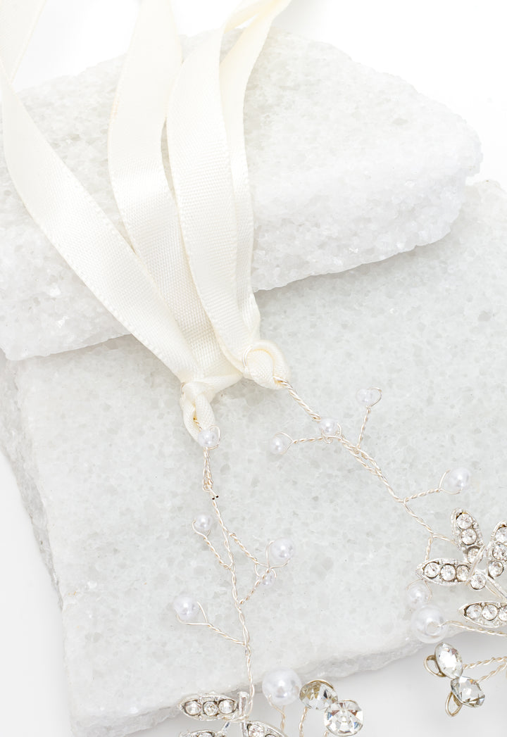 Ethereal Vine Silver Crystal and Pearl Silk Ribbon Headband