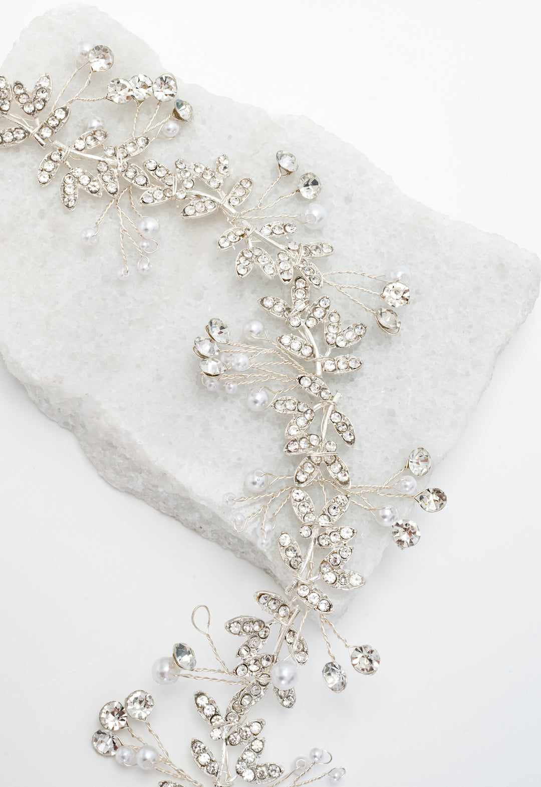 Ethereal Vine Silver Crystal and Pearl Silk Ribbon Headband