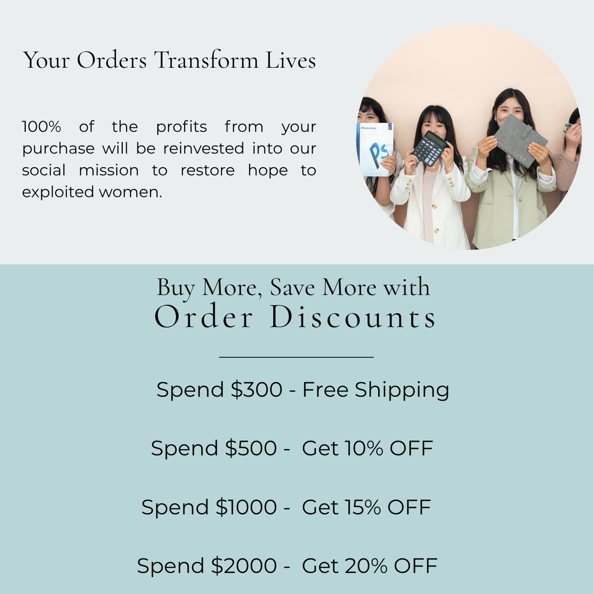 graphic that reads: your orders transform lives. 100% of the profits from your purchase will be reinvested into our social mission to restore hope to exploited women. It explains everday order discounts from free shipping to 20% off for orders over $2000