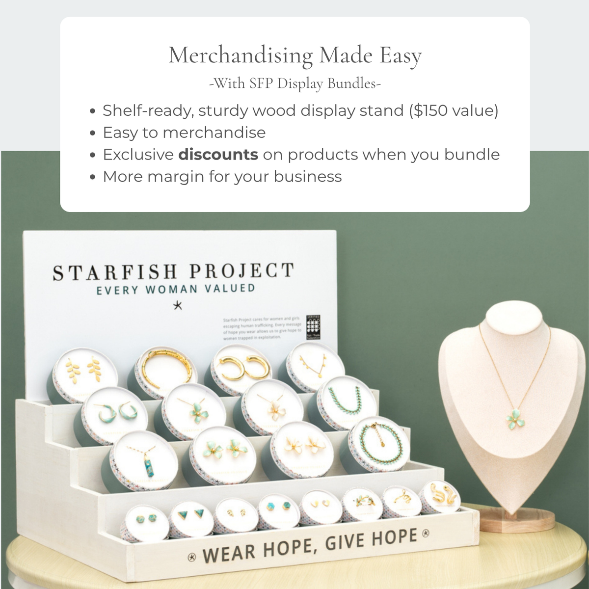 this graphic reads Merchandising made easy, and lists bullet points about starfish project's shelf ready sturdy wood display stand. display stand is pictured.