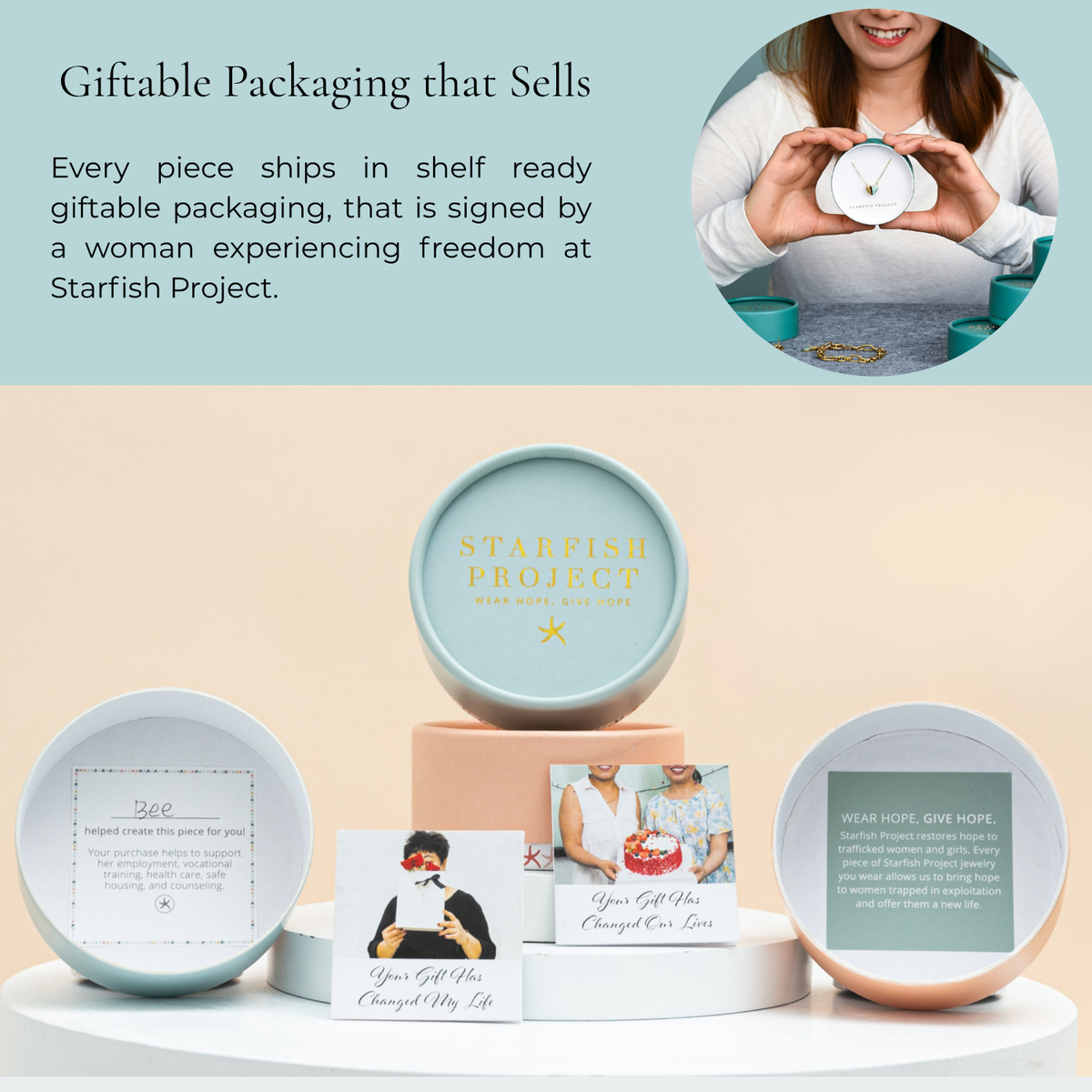 This graphic reads : Giftable packaging that sells. Every piece ships in shelf ready giftable packaging, that is signed by a woman experiencing freedom at Starfish Project.