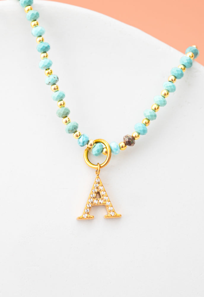 Turquoise Beaded Necklace with Initial Charm